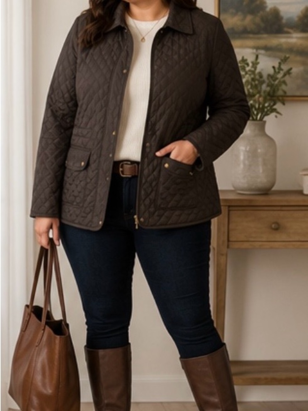 Jones New York Sport Woman Brown Quilted Jacket Zip Front Plus Size 2X